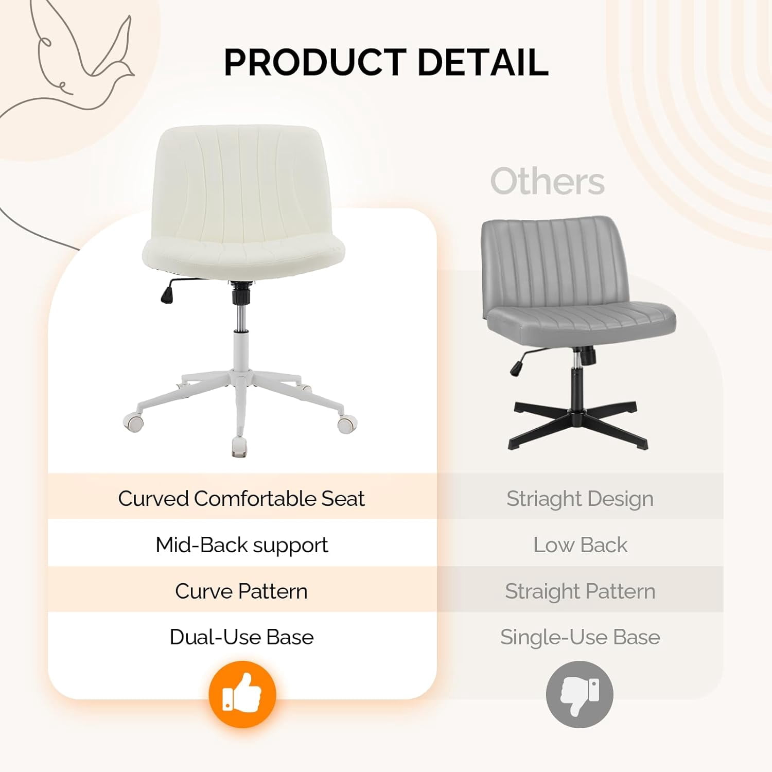 JOYMOR Modern Vanity Chair Dual-Use with/no Wheels, Armless Criss Cross Legged Chair, Swivel Wide Comfy Office Desk Chair, Computer Chair
