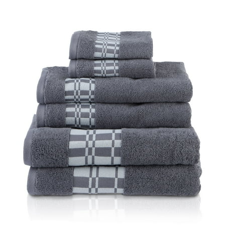 Larissa 100% Combed Cotton 550 GSM Checkered Border 6-Piece Towel Set 2 Face 2 Hand and 2 Bath Grey
