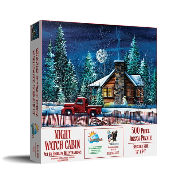 SUNSOUT INC - Night Watch Cabin - 500 pc Jigsaw Puzzle by Artist: Bigelow Illustrations - Finished Size 18" x 24" Christmas - MPN# 32735