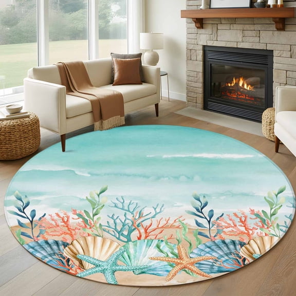 Coastal Beach Round Area Rug 8Ft Washable Large Circle Rugs for Living Room Dorm, Ocean Wave Summer Sea Starfish Coral Teal Beige Non-Slip Carpet Floor Mats Indoor Outdoor Carpet Runner Home Decor