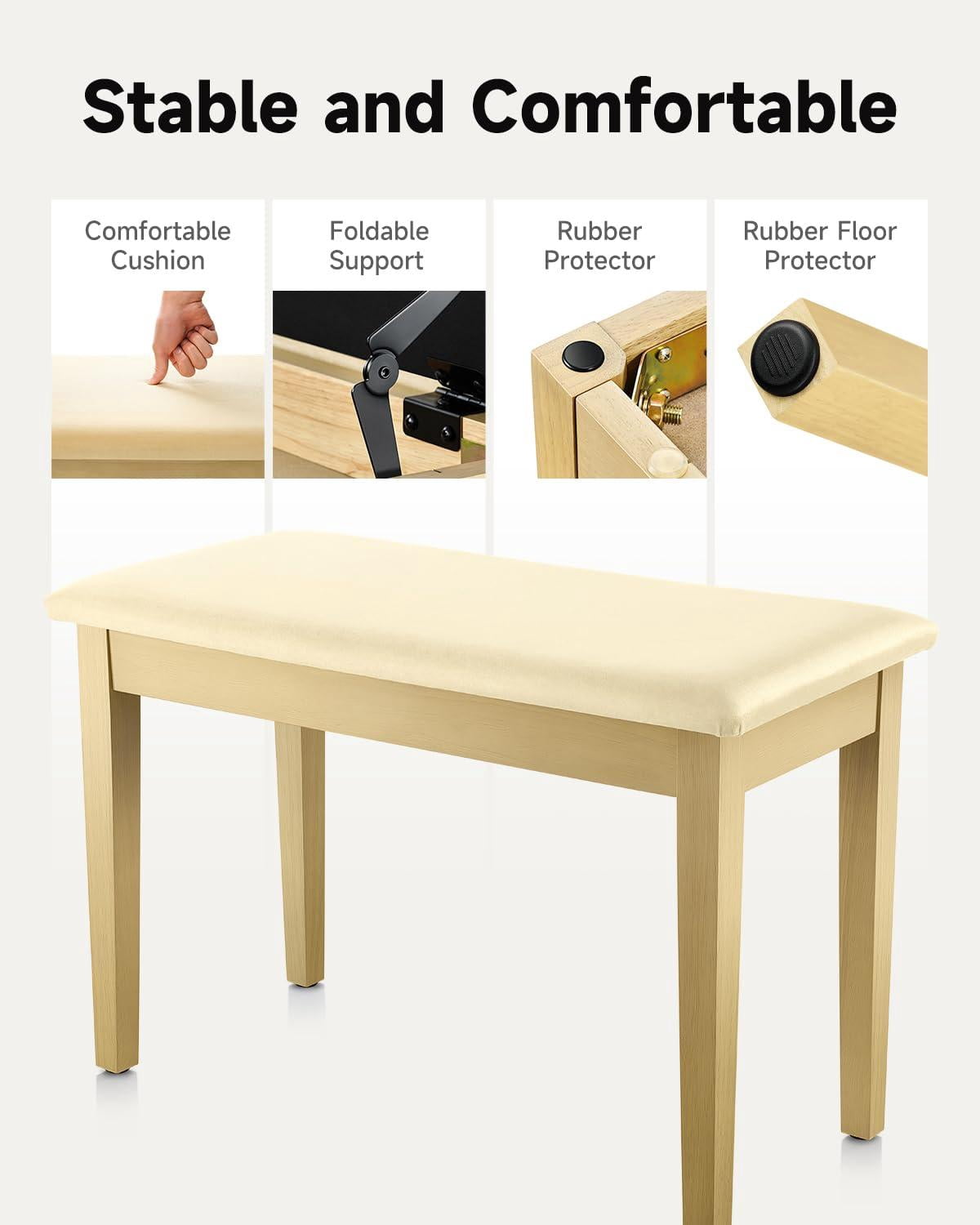 Donner Duet Piano Bench With Storage  Solid Wooden Keyboard Bookcase Stool Chair Seat High-density Sponges Padded Cushion Beige