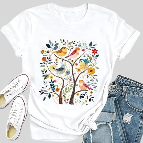 HCYSFG Womens Vintage Bird Graphic t shirt Crew Neck Summer top Casual Short Sleeve Pullover Retro Streetwear Boho Fashion tee
