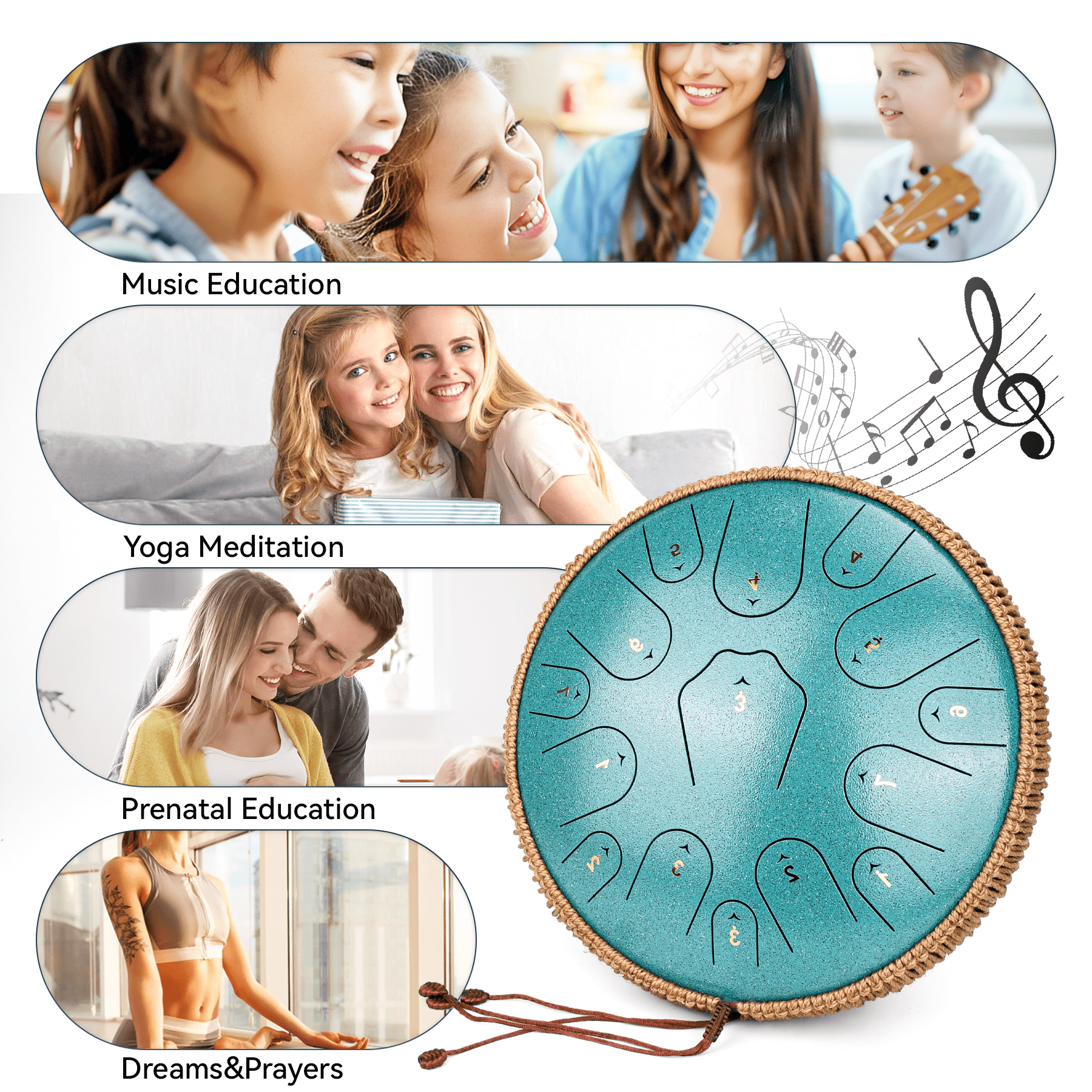 Steel Tongue Drum-14" 15 Note Tongue Pan Drums for Adults, C Major, Carry Bag, Malachite Green