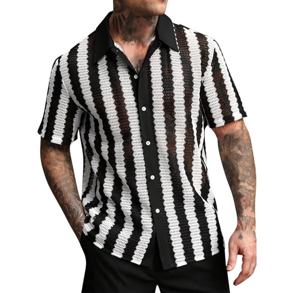 Yaoyar Mens Black and White Stripe Pattern Open Knit Short Sleeve Button Down Collar Shirt Ventilated Design Modern Style Short Sleeve Camp Shirt