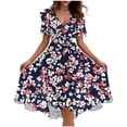 thumbnail image 5 of Uscallm Women Plus Size V Neck Short Sleeve Floral Boho Midi Dresses Tie Waist A-Line Casual Vacation Beach Sundresses, Black 3XL, 5 of 6