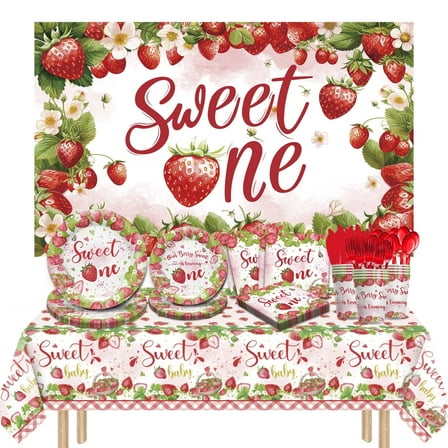 168pcs Strawberry Birthday Party Supplies For 24 Guests, Tableware Set With Paper Plates, Cups, Napkins, Knives And Forks For Baby Shower Decorations, Graduation