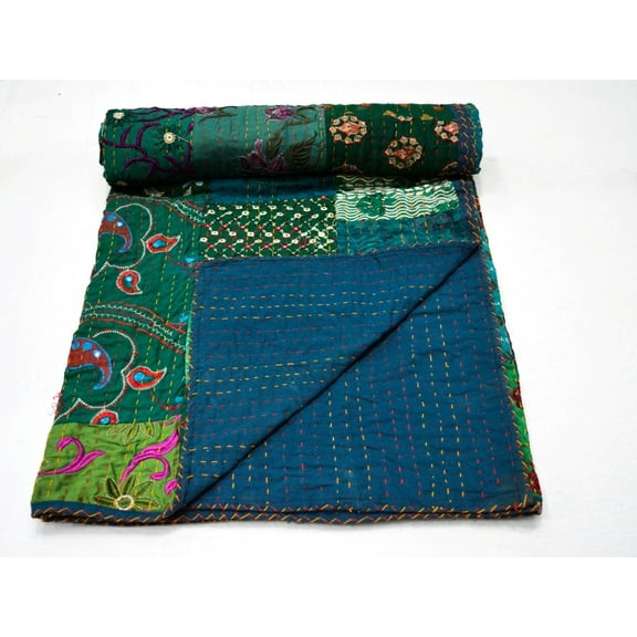 Indian Vintage Embroidery Khambhadia Handmade Kantha Quilt Boho Bohemian Khambhadiya Silk Assorted Patchwork Bedding Bedspread Blanket Décor