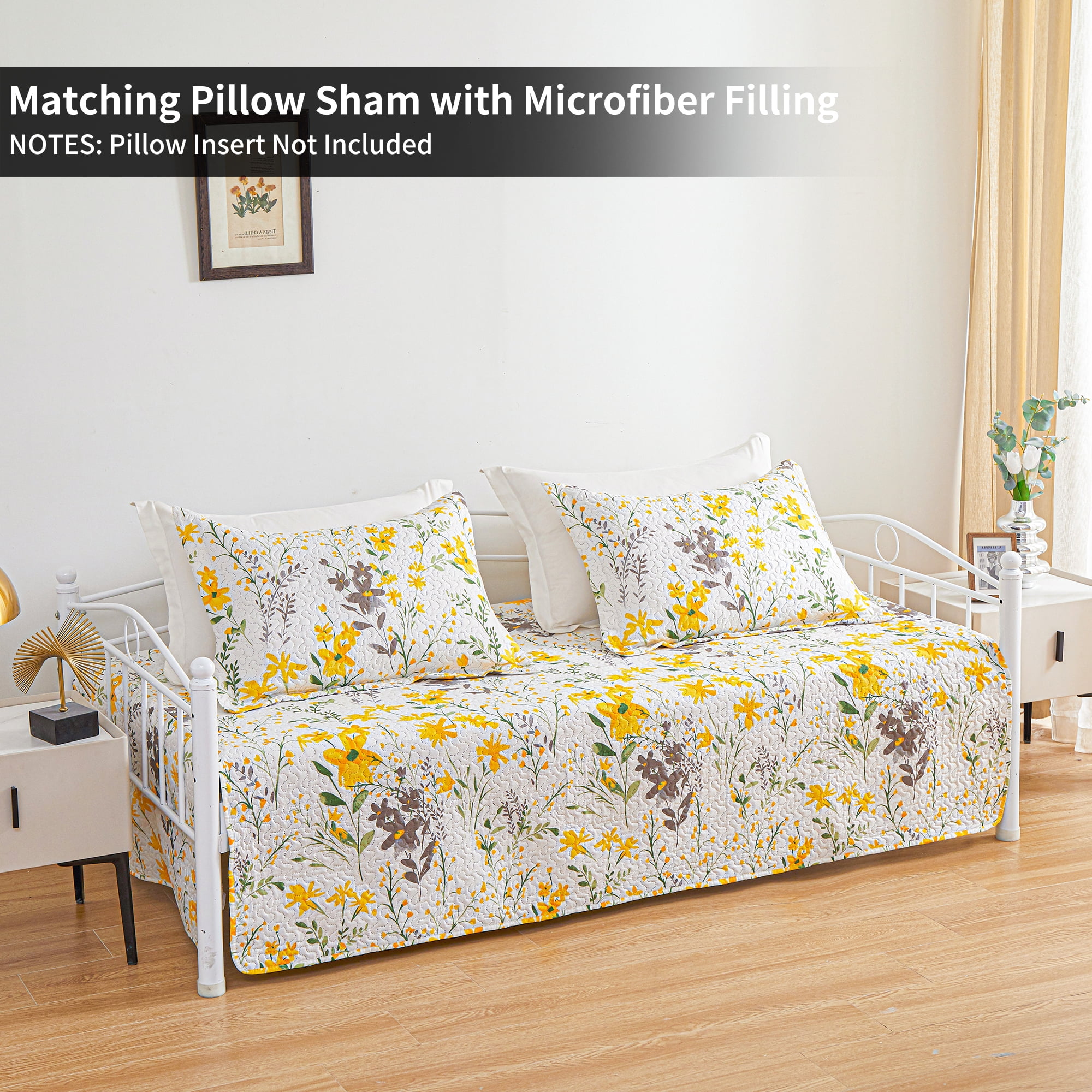 Smuge 3 Piece Daybed Cover Set, Double Sided Quilting Classic Design for All Season, Matching 2 Shams, 39"x75", Yellow Flower