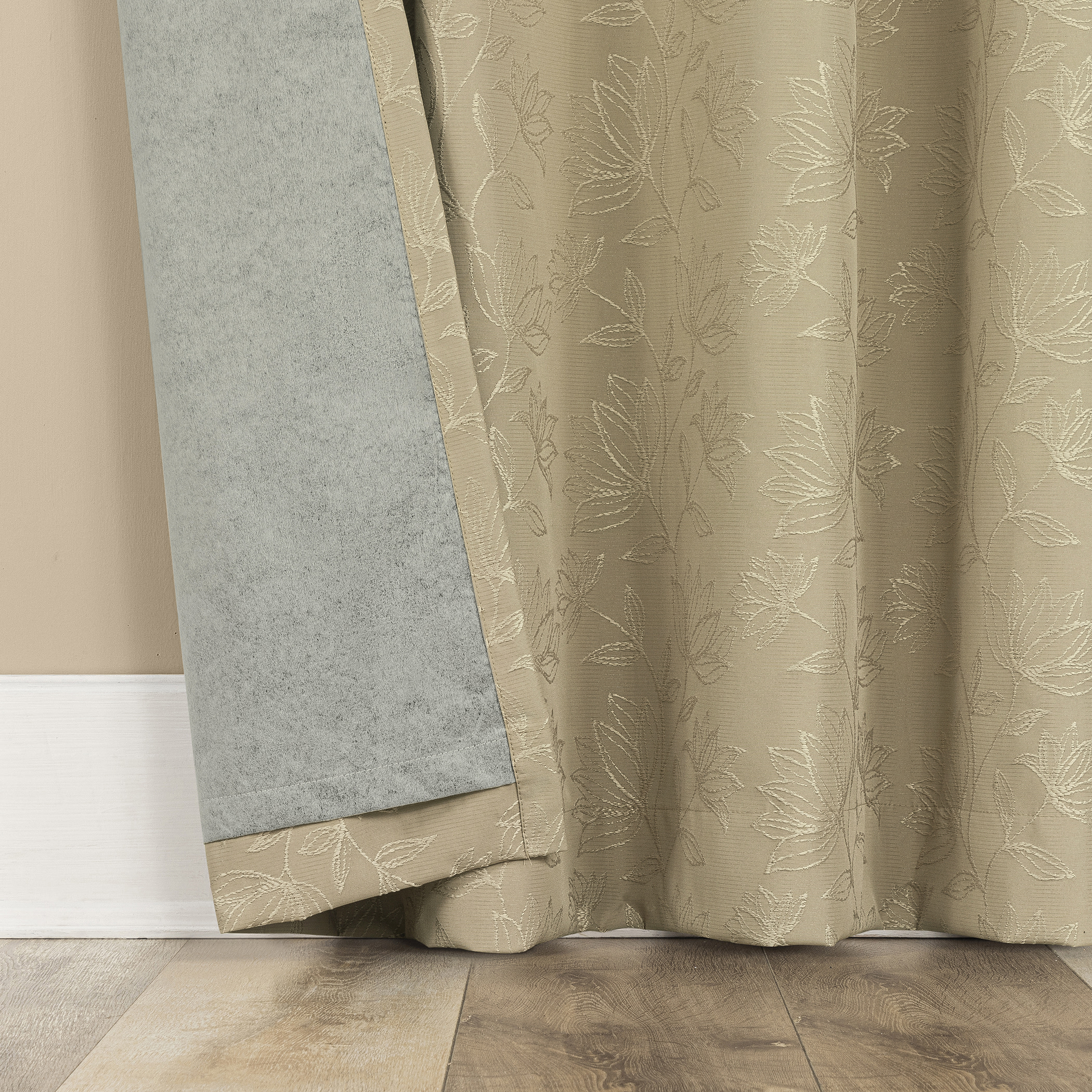 Sun Zero Bronte Floral Jacquard 100% Blackout Rod Pocket Curtain Panel, 50"W X 63"L, Taupe