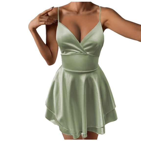 Levmjia Womens Dress V Neck Solid Color Sleeveless Suspender Casual Solid Color Tiered Pleated Layered Hem Slip Dress Party Vacation Daily Wear Summer