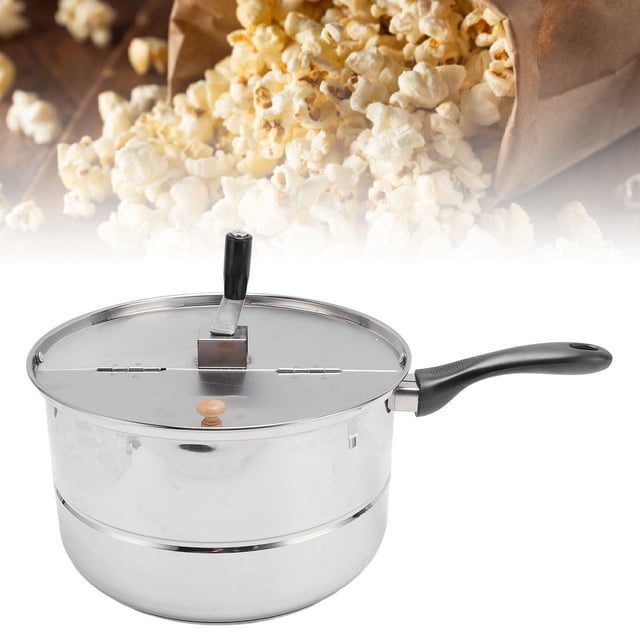 máquina para hacer palomitas de maíz, manivela compacta eficiente para máquina de palomitas de maíz para reuniones familiares — olla de acero inoxidable (aprox. 28x16,5 cm) con tapa ajustada y manivela superior en madera compuesta, mango largo de plástico negro ergonómico y acabado pulido; compatible con cocinas a gas y eléctricas; suele utilizarse también para tostar semillas pequeñas en reuniones.