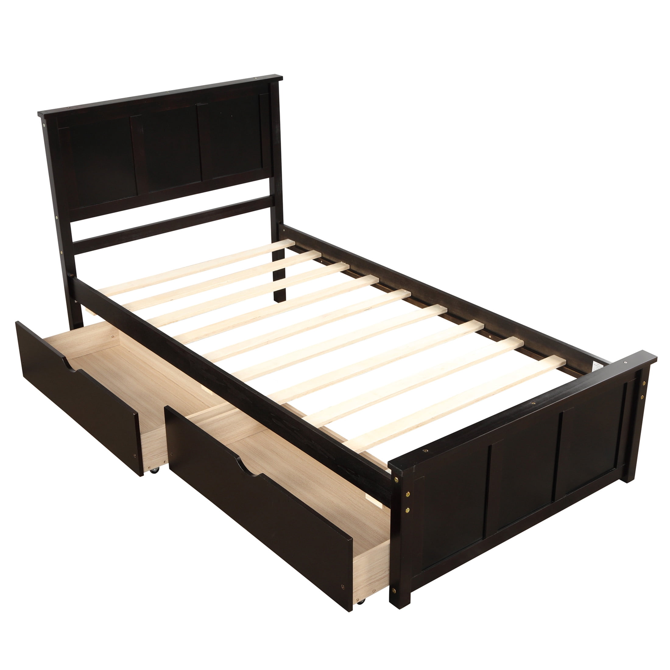 Noble House Twin Platform Storage Bed, Minimal Under-Bed Drawers with Rolling Wheels, Pine Wood Frame, Espresso
