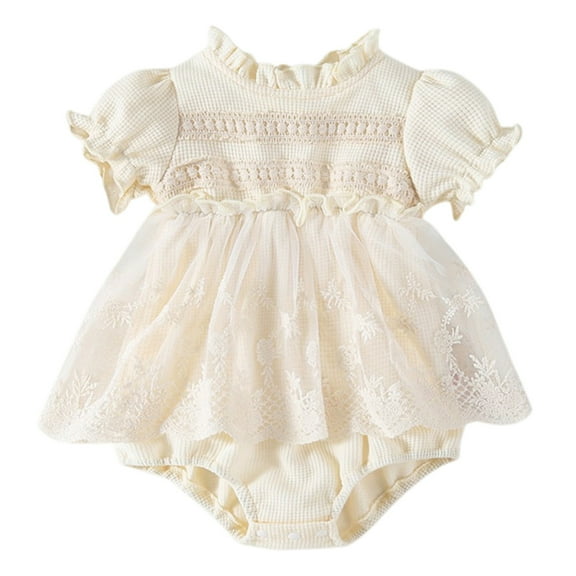 Qmyliery Baby Girls Rompers Dress Ruffles Collar Short Sleeve Lace Skirt Hem Infant Bodysuits Jumpsuits 3 6 9 12 Months