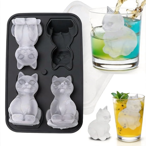 3D Cat Shaped Silicone Ice Cube Mold with Funnel, Large Slow-Melting Novelty Maker Tray for Whiskey Cocktails Bourbon, BPA Free Black