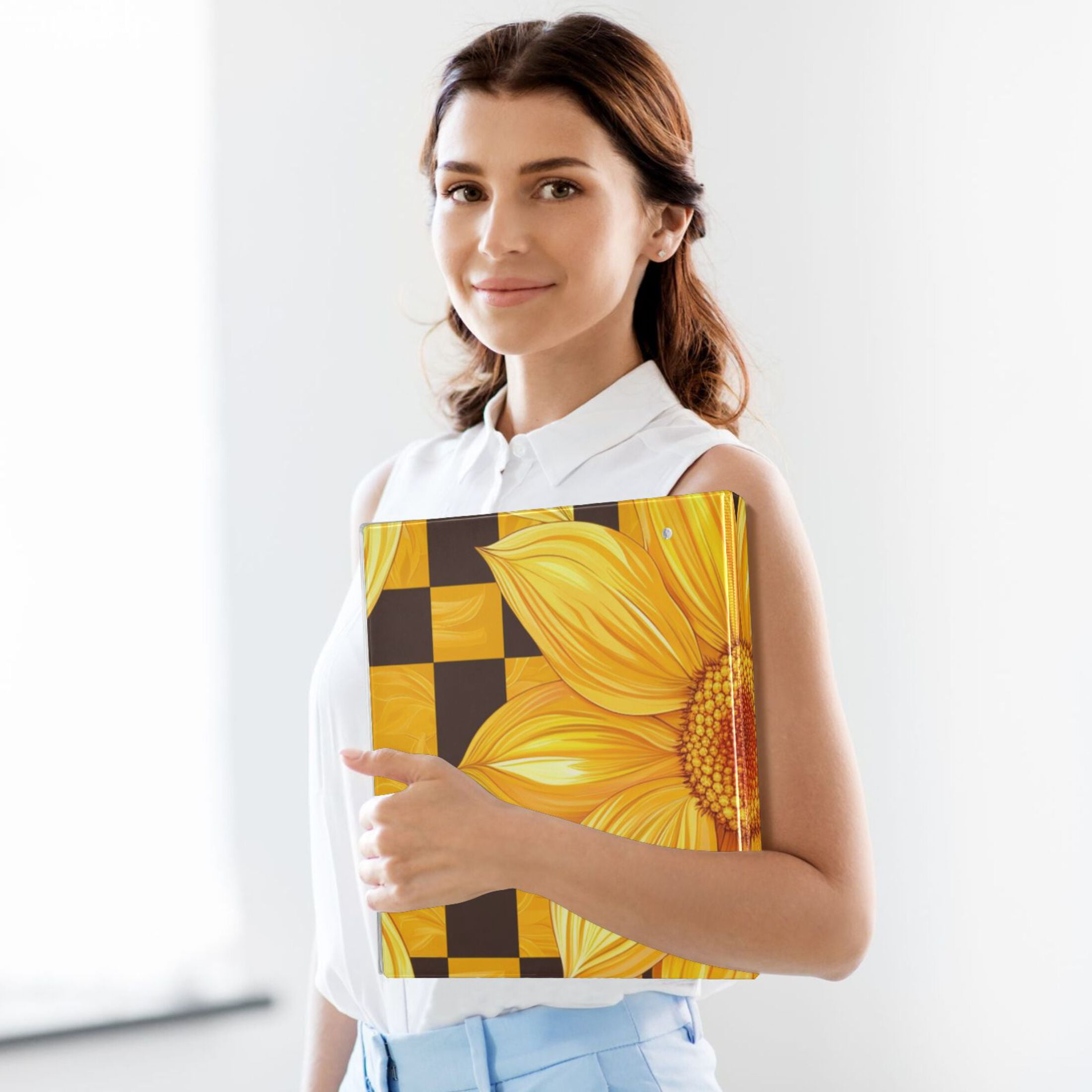 Yellow Checkered 3 Ring Binders 1.5 inch Hardcover File Folders with Interior Pockets A4 Size Organizer for School Office Hospital