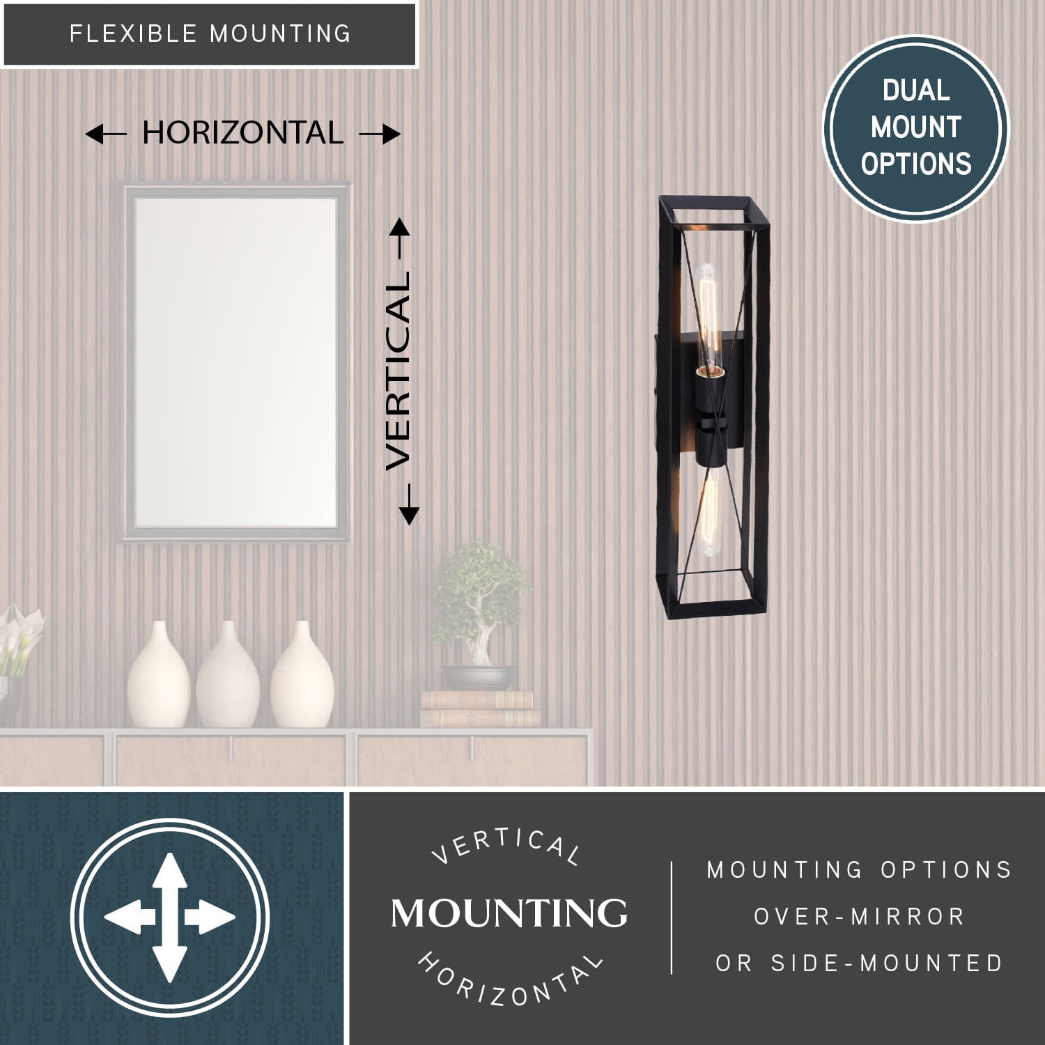 Milton 2-Light 24 in. Wide Matte Black Transitional Flush Wall Sconce with Metal Cage Shade, Dimmable, LED Compatible, Steel Bathroom Vanity Lighting Fixture, Vertical or Horizontal Mount Bath Bar