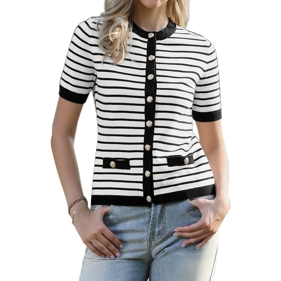 DARING DIVA Women's Striped Short Sleeve Button Down Sweater XS Black White Stripe
