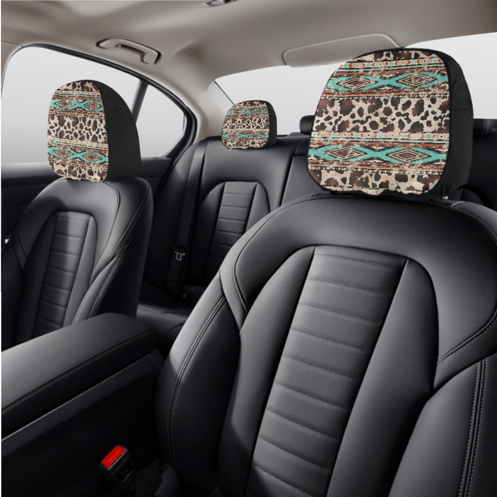 Renewold American Tribal Brown Cow Print Retro Car Seat Cover Full Set with Steering Wheel Cover Gear Shift Knob Cover Handbrake Protector Coasters Headrest Covers Fit for Most Vehicles, Set of 11