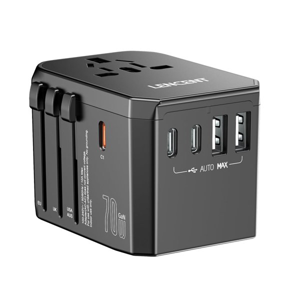 Adaptador Universal de Viaje LENCENT Negro con 2 USB-A QC y 3 USB-C PD3.0 para US, UE, UK, Australia