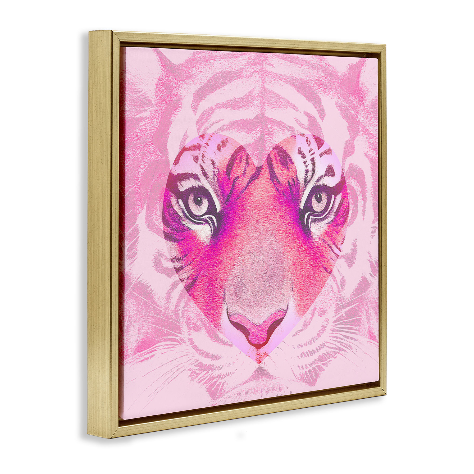 Stupell Industries Pink Heart Tiger Face Animals Painting Gold Floater Framed Canvas Art Print Wall Art, 18 x 18