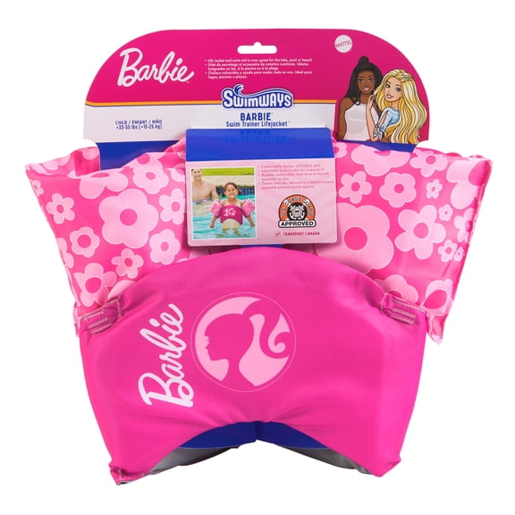 SwimWays Barbie Swim Trainer, US Coast Guard Approved Life Vest, Kids Swim Vest and Swimming Aid, Arm Floaties & Life Jackets for Kids 33-55 lbs