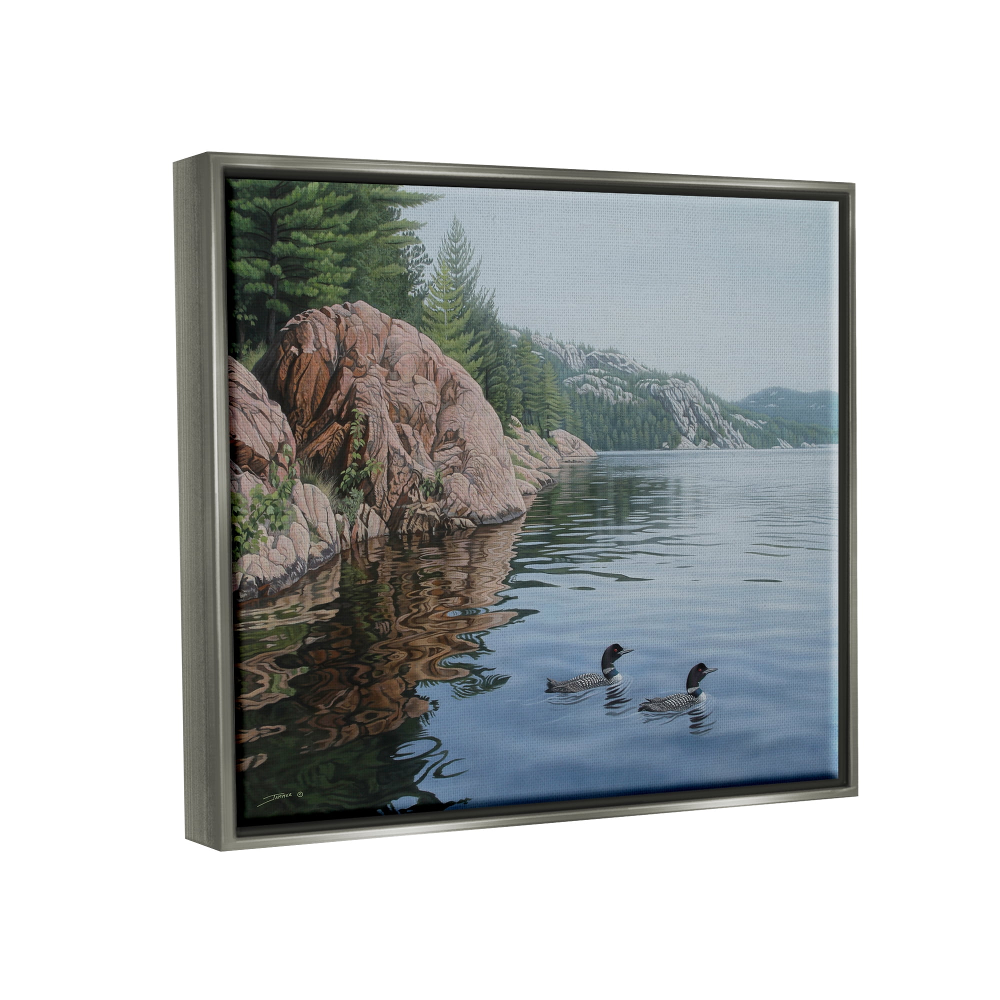 Stupell Industries Swimming Ducks Landscape Nature Photography Gray Floater Framed Art Print Wall Art, 21 x 17