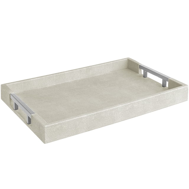 Home Redefined Bandeja Decorativa para Servir de Piel Sintética de Tiburón Rectangular de 45 X 30 Cm con Asas de Acero Inoxidable, Color Marfil Natural