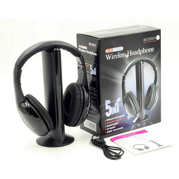 5-in-1 Wireless RF Headphones - Cordless for TV/DVD/PC, FM , Wired Mode, 8m Range, Black (No Batteries Included)