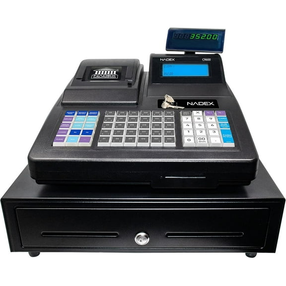 Nadex CR600 Cash Register, 9500 PLU Lookups 60 Dept 50 Clerks, 5 Bill 8 Coin Compartments 2 Check Slots Heavy Duty Steel Cash and Coin Drawer, Two Displays, Multiport