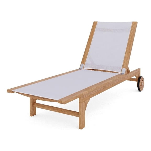 Pemberly Row Traditional Teak Outdoor Reclining Sunlounger in White with Wheels