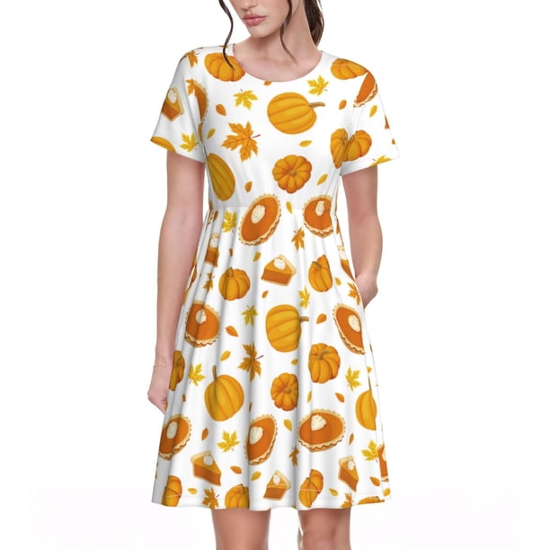 Disketp Pumpkin Maple Leaves para Vestido de Manga Corta para Mujeres, Vestidos de Verano para Mujeres, Casual y Holgado para la Playa