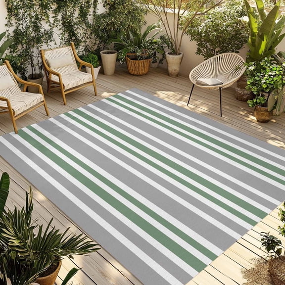 Green Grey Striped Outdoor Area Rug 4x6ft Decorative Indoor Outdoor Rug Abstract Contrast Patio Area Rug for Porch, Deck, Balcony, Entryway, Camping & RV