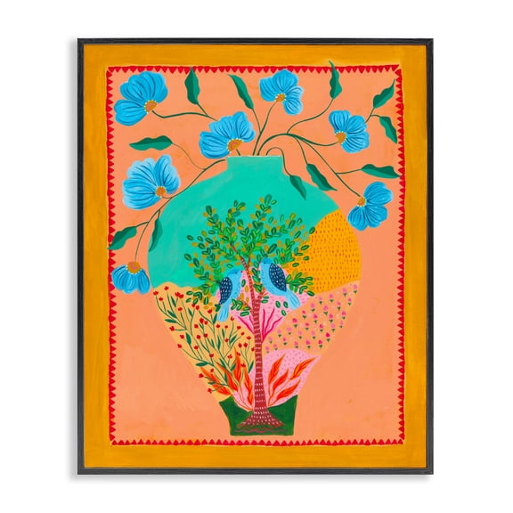 Bluebirds & Boho Flower Vase Black Framed Giclee Art, design by Nabeela Rumi