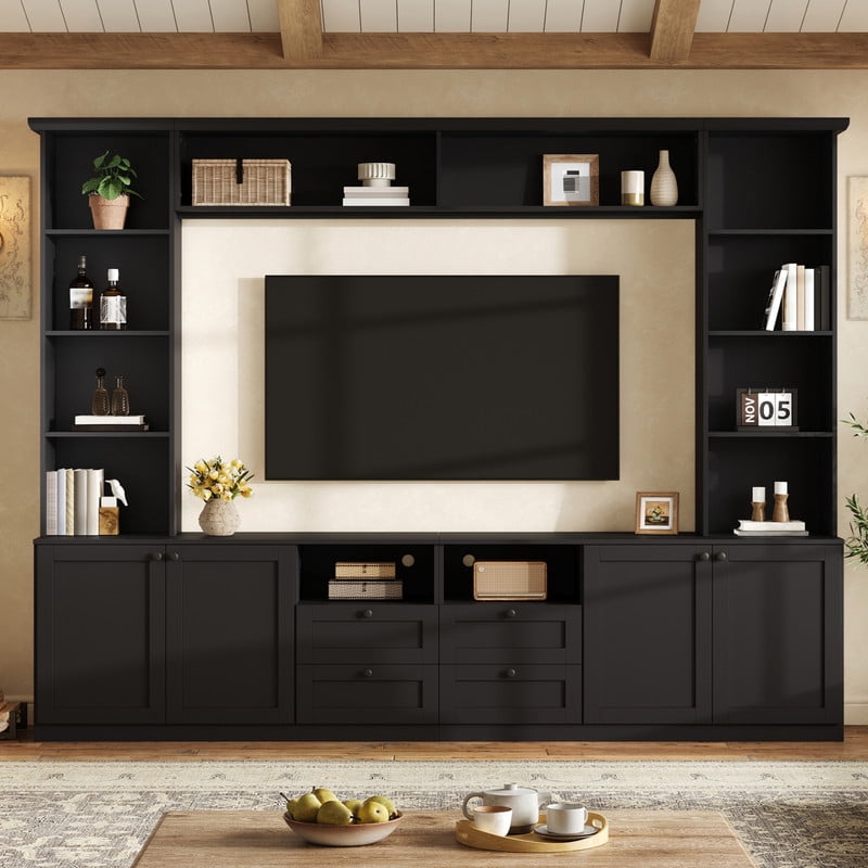 Farmhouse Entertainment Center Wall Unit with Drawers & Adjustable Shelves, TV Stand Media Console with Bridge for TVs Up to 70"