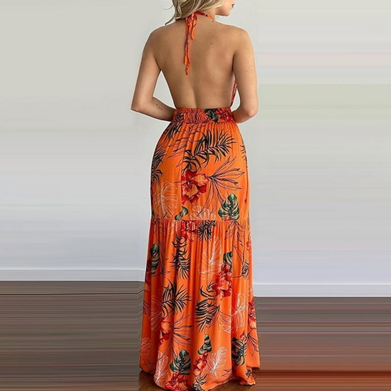 sachin and babi light blue dress YODETEY Summer Dresses Women Tropical Print Halter Backless Maxi Dress  Sleeveless Beach Dress