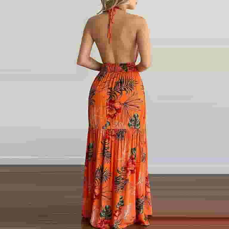YODETEY Summer Dresses Women Tropical Print Halter Backless YODETEY Summer Dresses Women Tropical Print Halter Backless