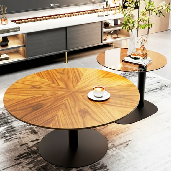 Round Coffee Table Nest Wood: 2 Nesting Set Large 80cm and Small Tables 50cm Wood Grain Top Coffee Table Brown Glass End Side Table with Black Metal Base Wooden Nesting Tables Living Room