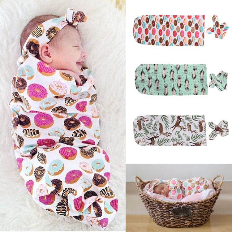 Newborn Baby Infant Swaddle Blanket Sleeping Rug Swaddle Muslin Wrap Headband 