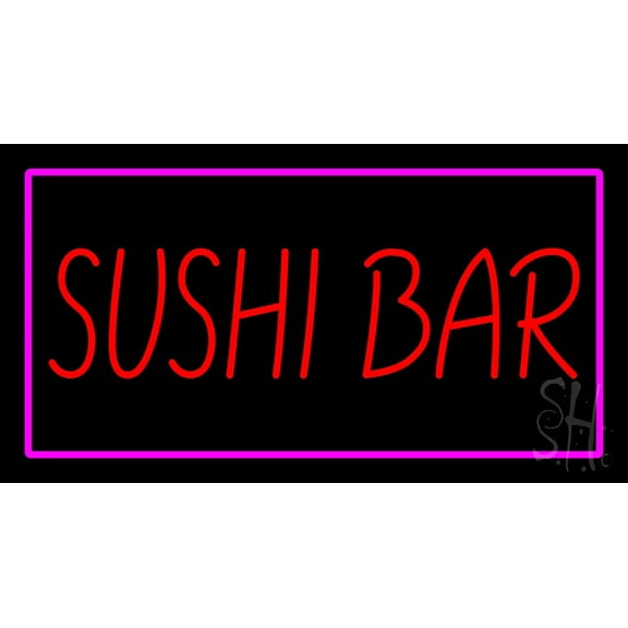 Sushi Bar Rectangle Pink LED Neon Sign 13 x 24 - inches, Clear Edge Cut Acrylic Backing, with Dimmer - Bright and Premium built indoor LED Neon Sign for restaurant window and interior decor.