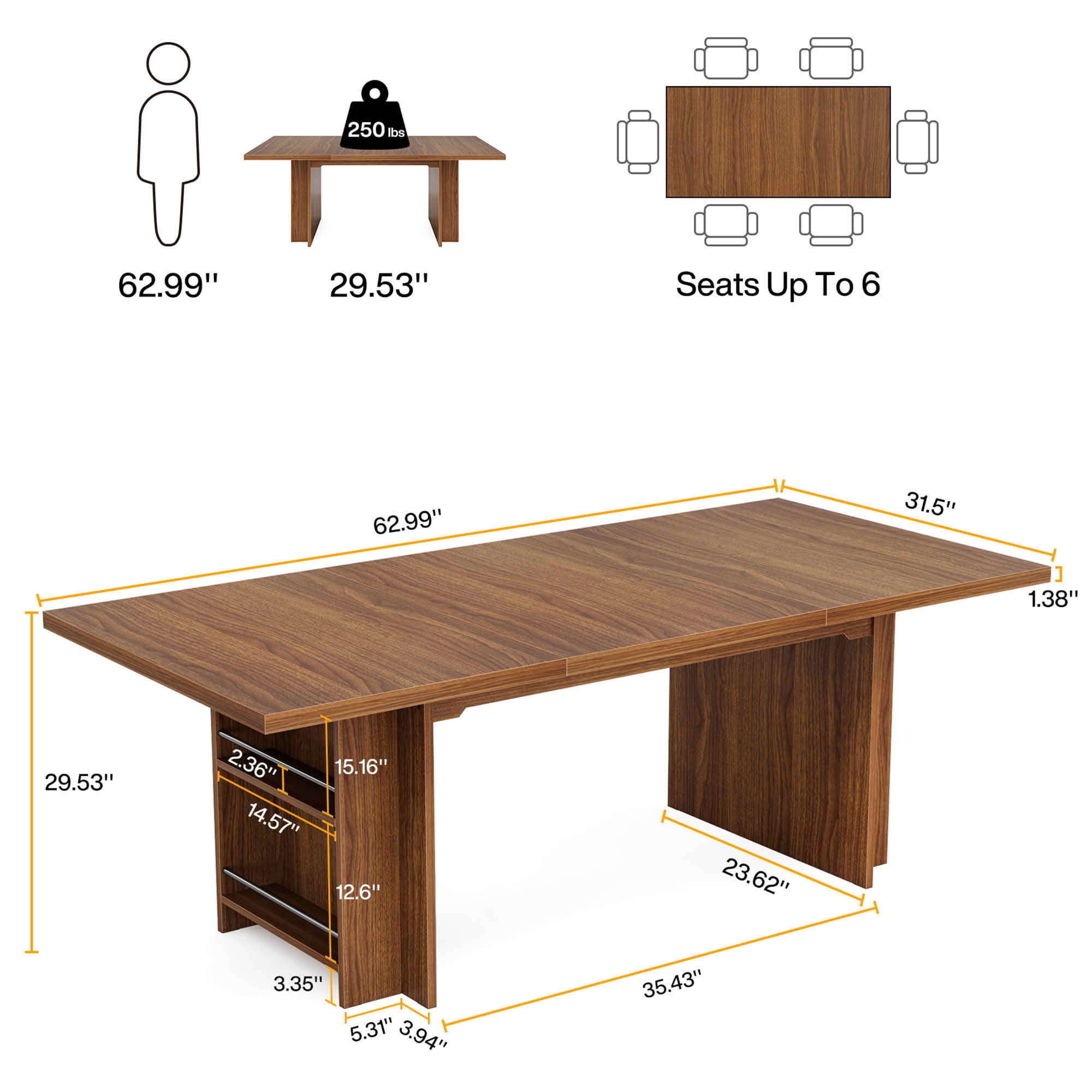MAYEERTY 62.99" 6-8 Person Farmhouse Dining Table, Multi-Use Modern Kitchen & Office Table