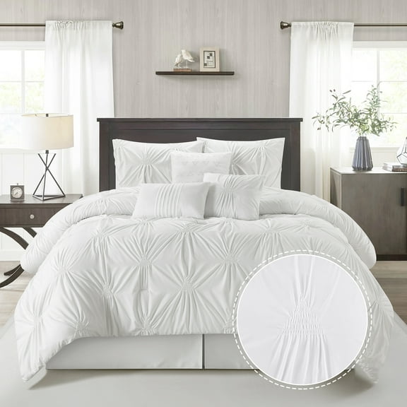 Lanco 7 Piece White Comforter Set Queen Size, Elastic Embroidery Bedding Set, Solid Color, Home Decor, Matching Bedskirt, Pillows & Shams