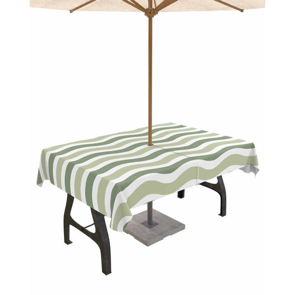 Fsddascl Sage Green Outdoor Tablecloth - 60x102 Inch Rectangle Dining Table Cover, Abstract Geometric Ocean Wave Stripe Waterproof Outdoor Table Cloth with Umbrella Hole & Zipper for Picnic/Patio