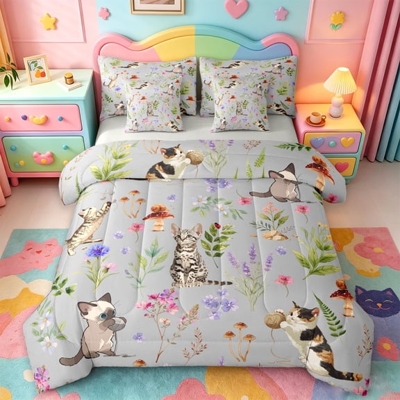 jejeloiu Gray Watercolor Cat 7-Piece Twin Bedding Sets For Kids,Cute Floral Kitten Bedding Comforter Set For Girl,Reversible