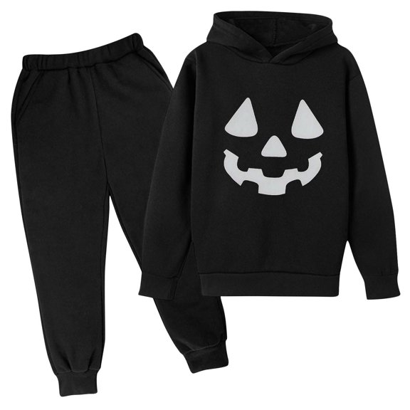 XXWXYD Kids Boys Halloween Sweatsuit Outfit Set Padded Hooded Sweatshirt Pumpkin Print and Solid Jogger Pants for Fall Festival