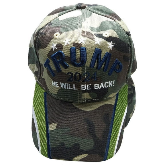 Trump 2024 He Will Be Back! Woodland Camouflage Embroidered Baseball Cap Hat