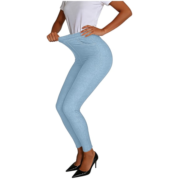 Cxenplz Jeggings for Women Tummy Control Stretchy Jeans Casual High Waisted Pull on Skinny Jean Leggings with Pockets Trendy