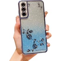 for Samsung Galaxy S21 FE 5G Glitter Clear Case for Women Girls Cute Flower Bling Sparkle S21 FE Case Luxury Plating Full Lens Camera Protection Phone Cover for S21 FE 5G 6.4" (Sierra Blue)