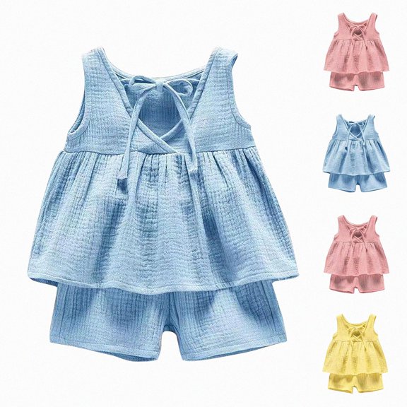Crunowin Girls’ Outfit Sets Lightweight Sleeveless Tank Top and Elastic Waist Shorts All-Day Wear Blue Size 2T