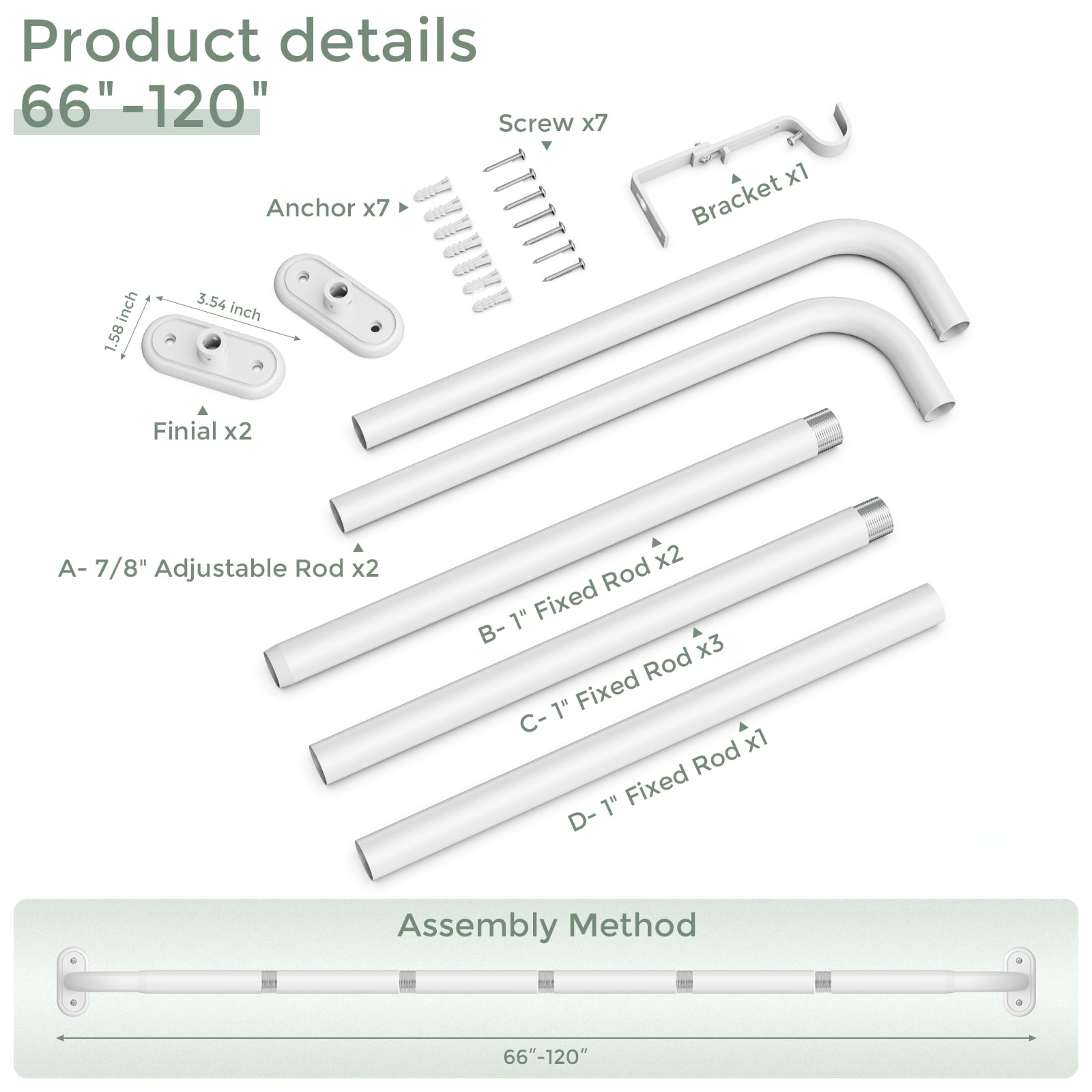 OLV 1" Diameter Adjustable Wrap Around Curtain Rods 66-120" Heavy Duty,White