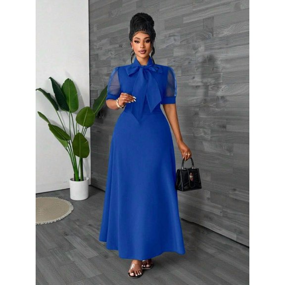 Royal Blue A-Line Maxi Dress With Sheer Puff Sleeves And Bow Neck For Spring Summer Autumn